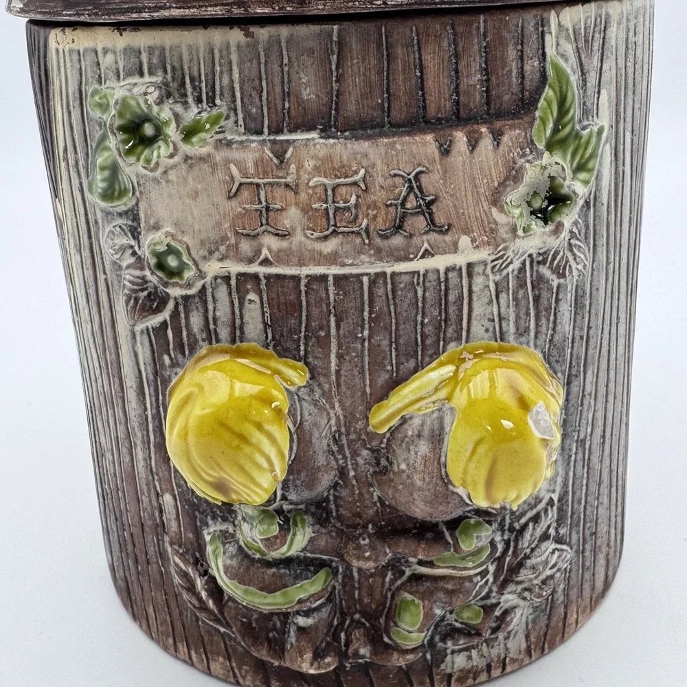 VTG Treasure Craft Tea Jar‎ Green Butterfly & Kids Ceramic WoodGrain CottageCore